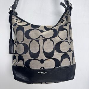 Coach Signature Optic Duffel Shoulder Bag Black Gray Canvas Leather Tassel 21149
